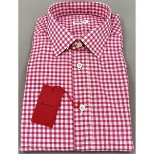 Kiton Shirt Men 15.75 40 Pink Gingham Regular Fit Long Sleeve Dress Italy NWT
